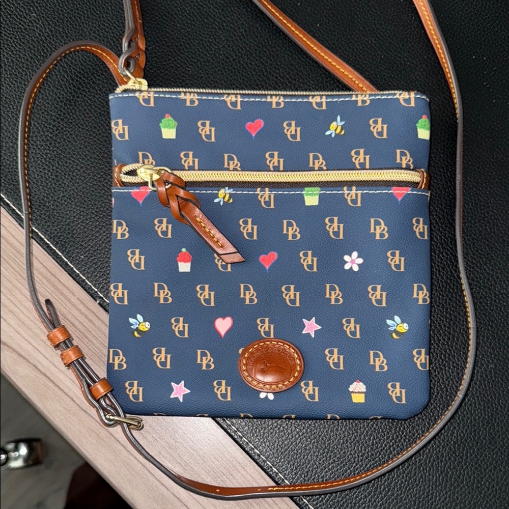 Dooney & Bourke Greta Novelty Navy Blue Bees and Hearts Brown Crossbody Bag NWOT
